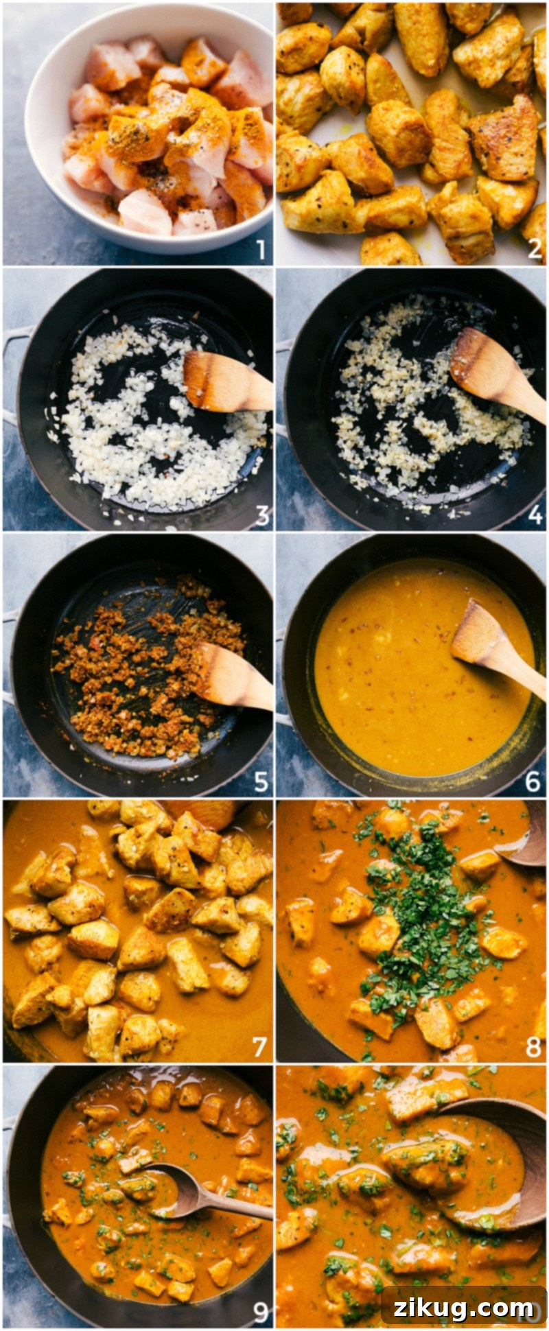 A collage of process images showing the step-by-step creation of the Chicken Curry, from searing chicken to simmering the sauce.