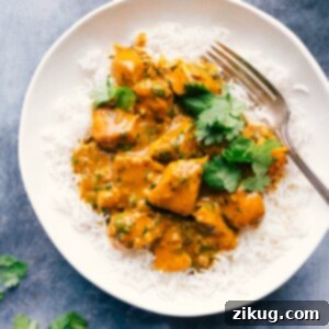 Close-up of a serving of one-pot Chicken Curry with rice.