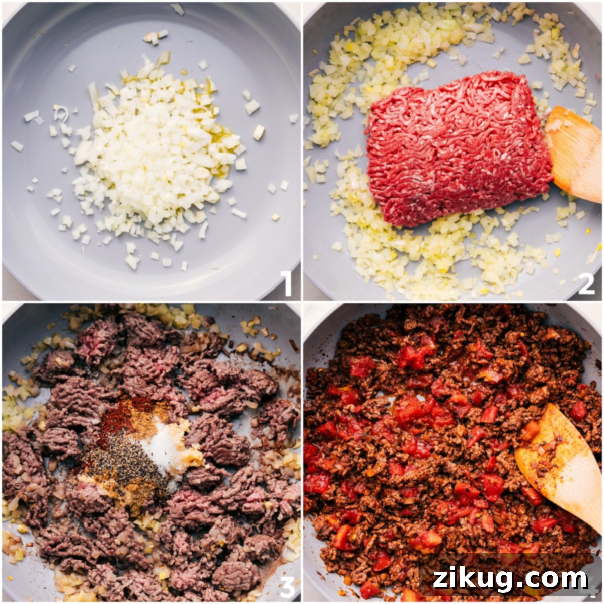 How To Make Taco Skillet Recipe A large skillet on a stovetop, showing the initial steps of the taco skillet recipe with sautéed ground meat, aromatic seasonings, and vibrant diced tomatoes mixing together.