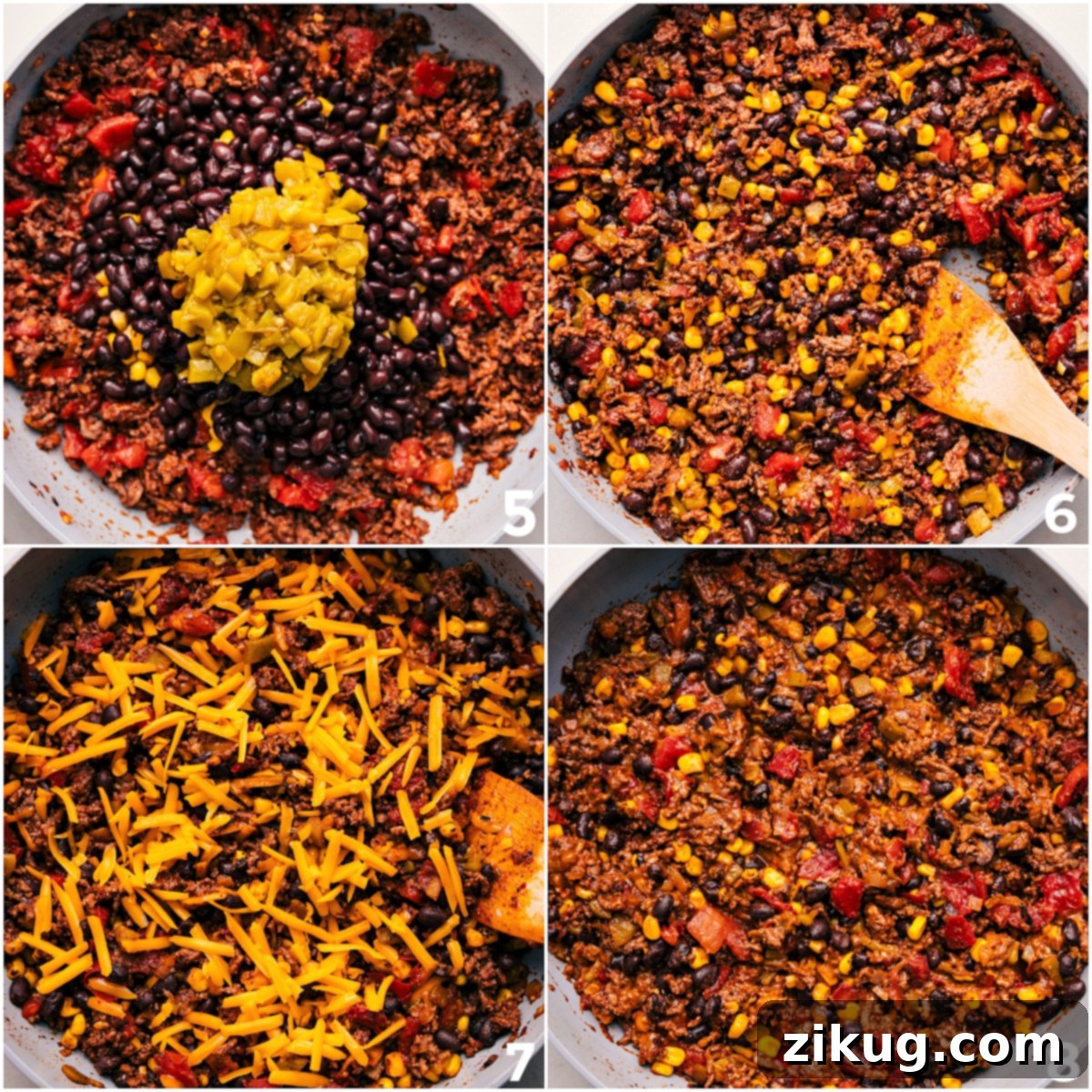 One Pot Taco Skillet Recipe Various ingredients for the taco skillet recipe, including beans, corn, and green peppers, being added to the pot and mixed with shredded cheese, highlighting the one-pot cooking process.