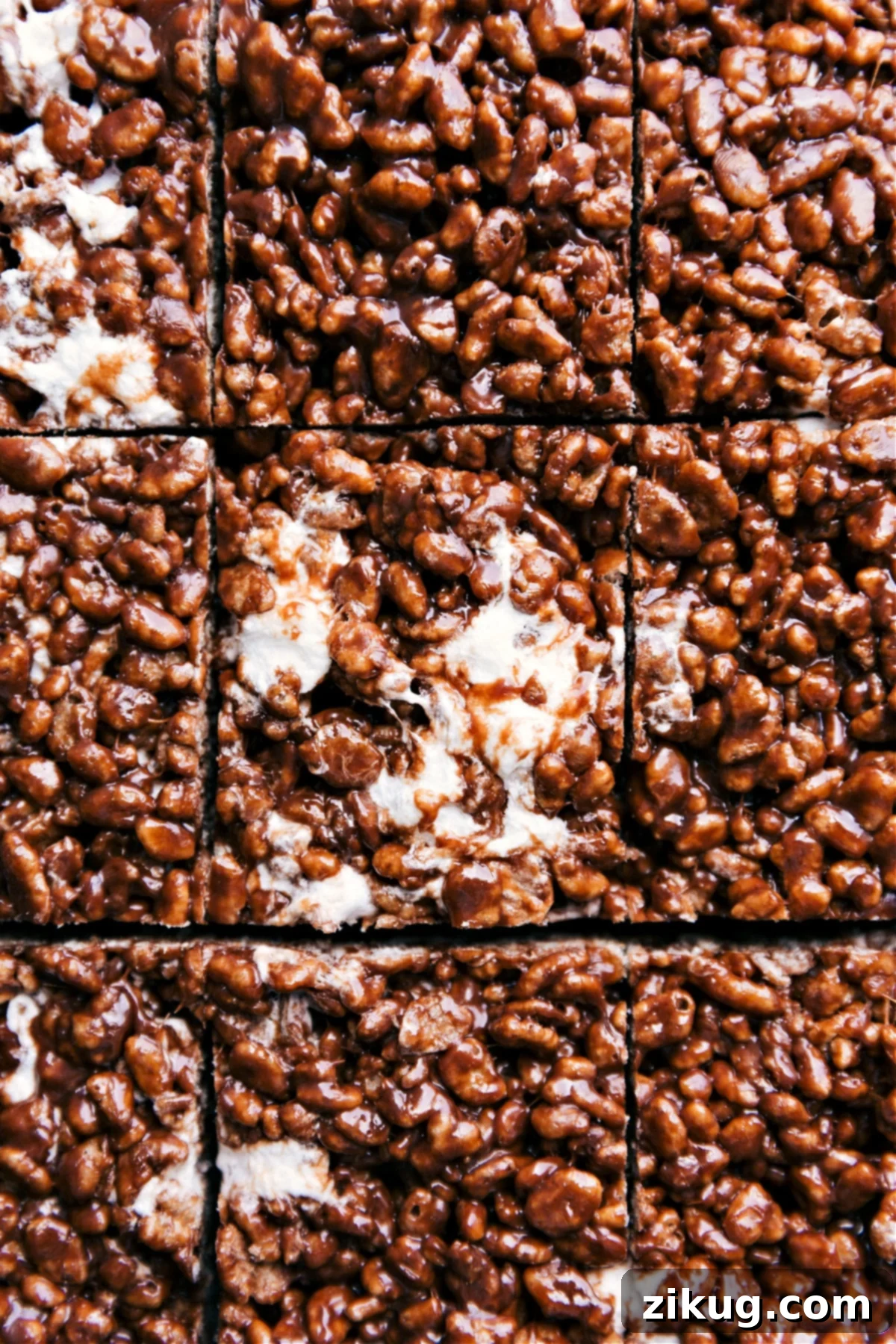 The Best Gooey Chocolate Rice Krispie Treats Recipe Chocolate Rice Krispie Treats cut into squares, showing their rich color and texture.