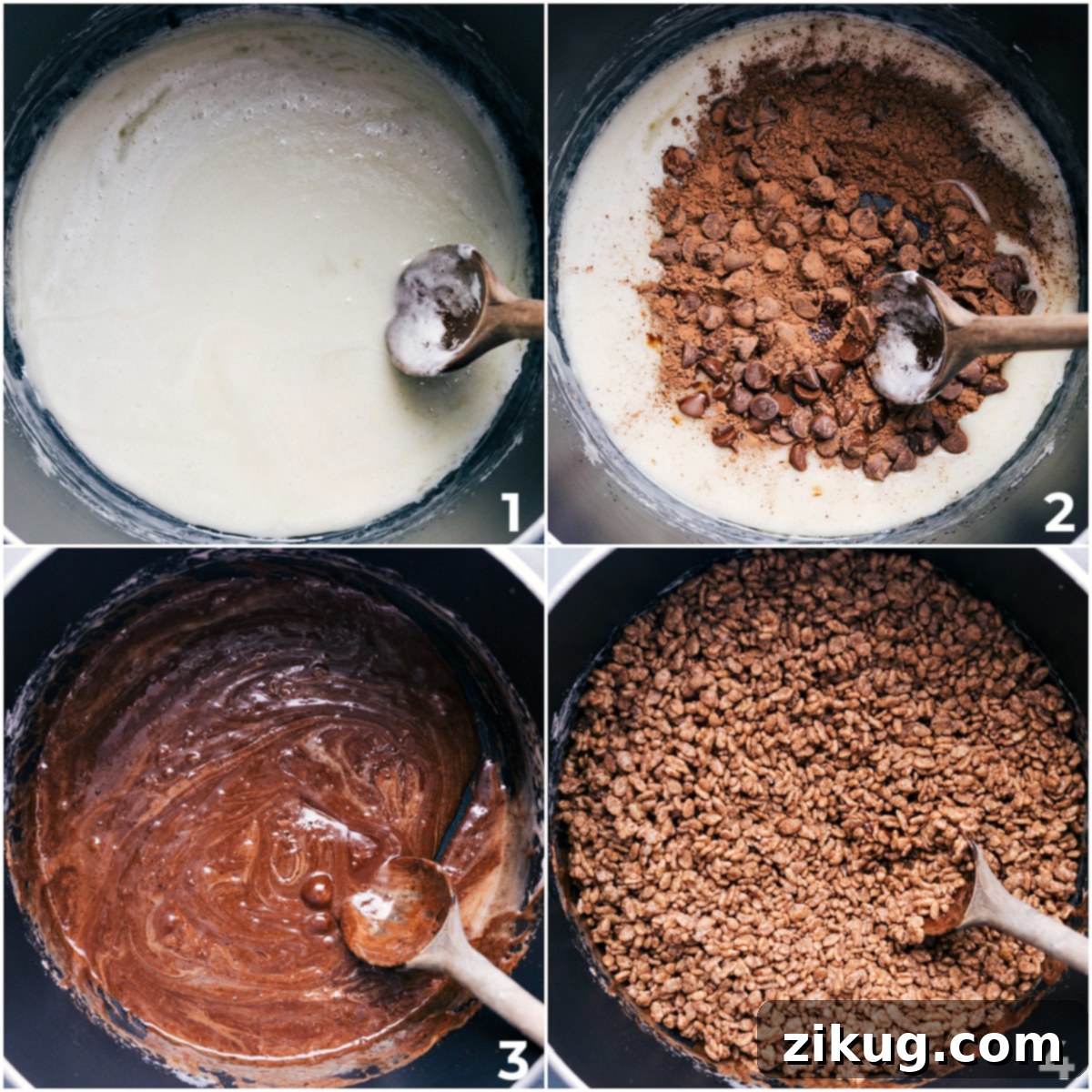How To Make The Easiest Chocolate Rice Krispie Treats Marshmallows being melted in a pot, with cocoa powder and cereal waiting to be mixed in for chocolate Rice Krispie Treats.