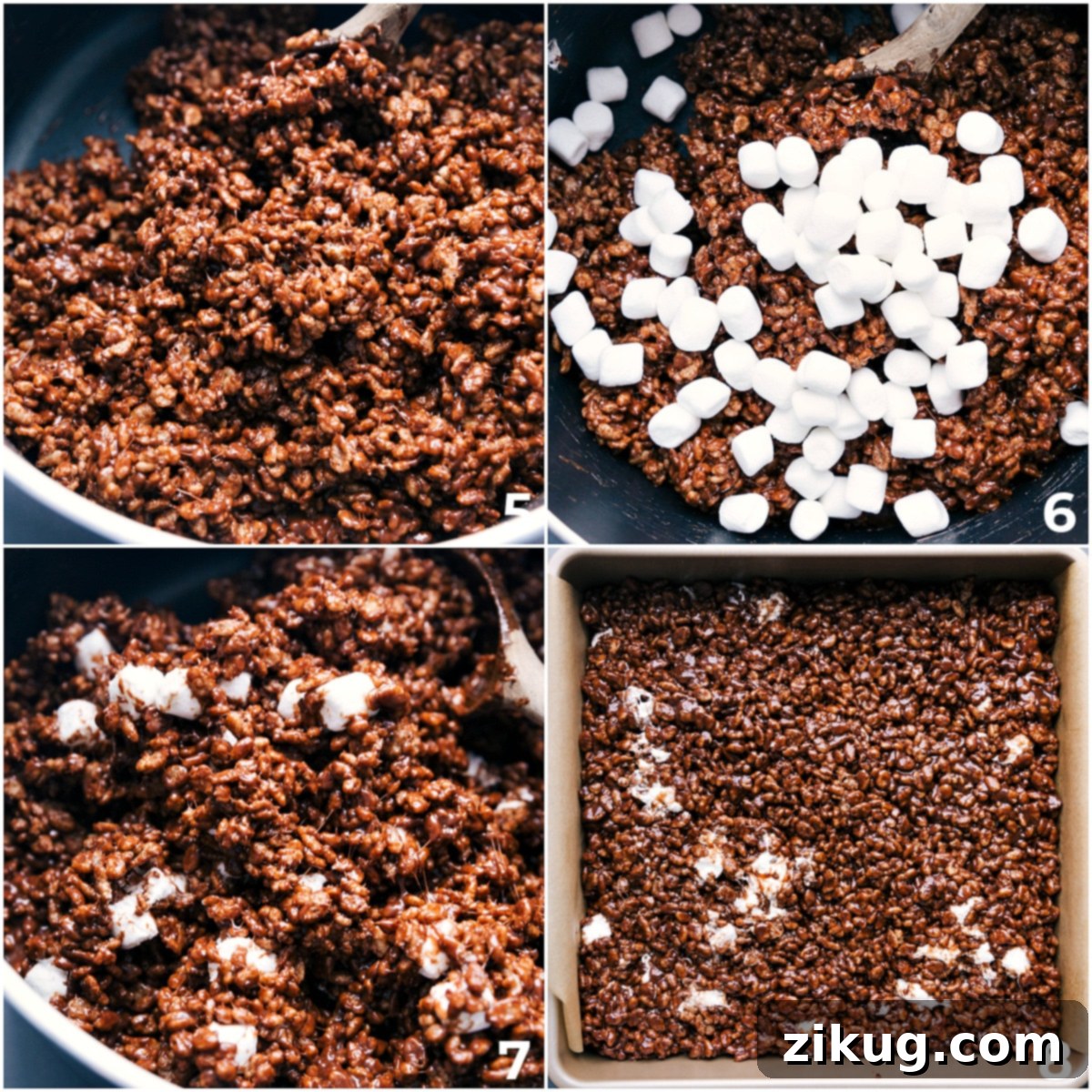 Simple And Delicious No-Bake Chocolate Rice Krispie Treats The chocolate Rice Krispie mixture being pressed into a 9x9 pan to harden, ready for cooling.