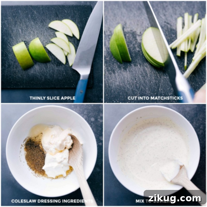 Preparing Coleslaw: Slicing Apples, Making Dressing, and Mixing Ingredients Detailed preparation steps for coleslaw, showing thin slices of Granny Smith apple, ingredients for the creamy dressing being combined, and all components mixed together in a bowl.