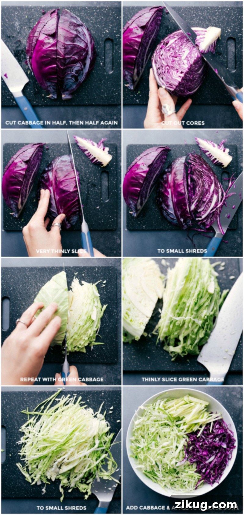 Preparing Coleslaw: Quartering and Slicing Cabbage, Adding Apple Matchsticks Close-up of red and green cabbage being quartered and thinly sliced, with matchstick-cut apple slices prepared for the coleslaw mixture.