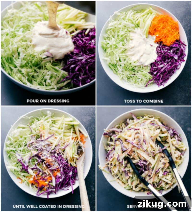 Mixing Coleslaw: Pouring Dressing Over Ingredients and Combining Creamy homemade coleslaw dressing being poured generously over a large bowl of shredded cabbage and carrots, ready for thorough mixing.