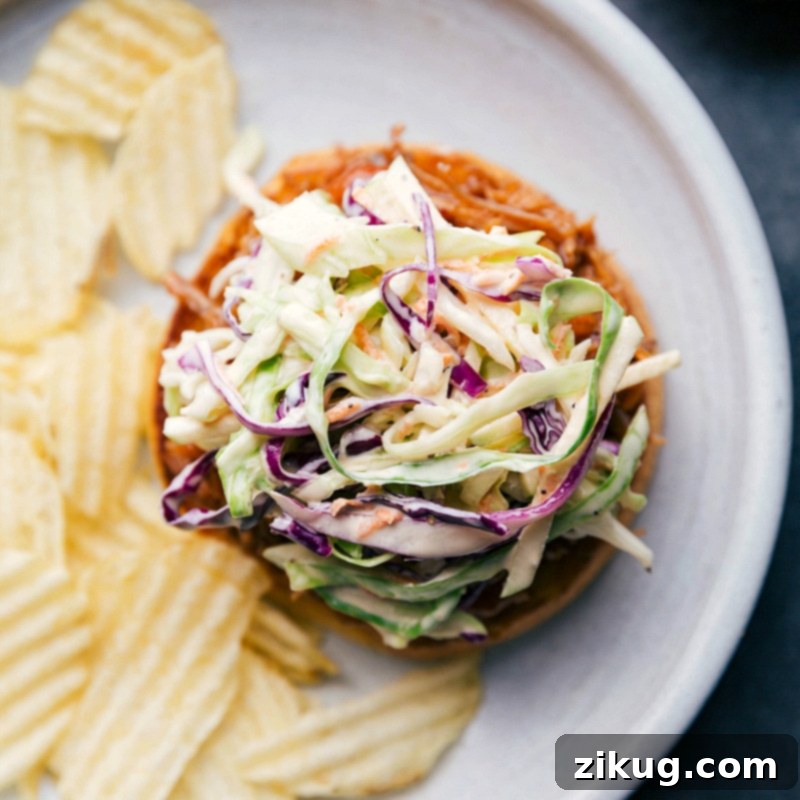 Pulled Pork Sandwich with Coleslaw and Side of Chips A delicious pulled pork sandwich generously topped with coleslaw, served alongside a side of crispy potato chips.