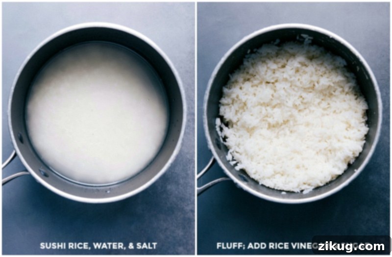 Sushi rice preparation showing rice before and after cooking, fluffing, and seasoning with rice vinegar and sugar.