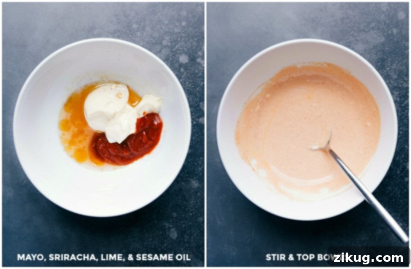 Making spicy mayo by assembling mayonnaise, sriracha sauce, lime, and sesame oil in a small bowl.