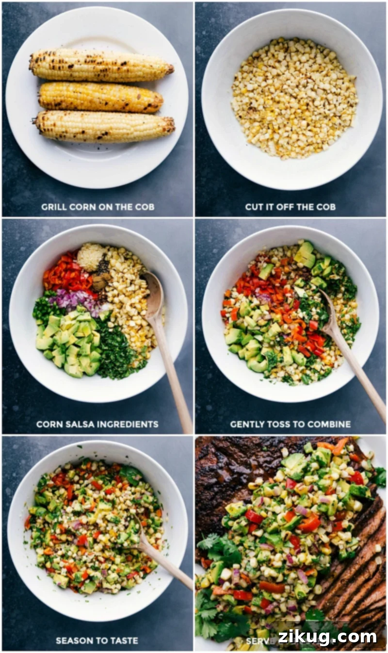 Preparing Corn Salsa: Grilling Corn, Mixing Ingredients, Seasoning, and Serving Over Steak Grilled corn being cut from the cob, adding all salsa ingredients to a bowl, mixing together, seasoning to taste, and serving salsa over steak.