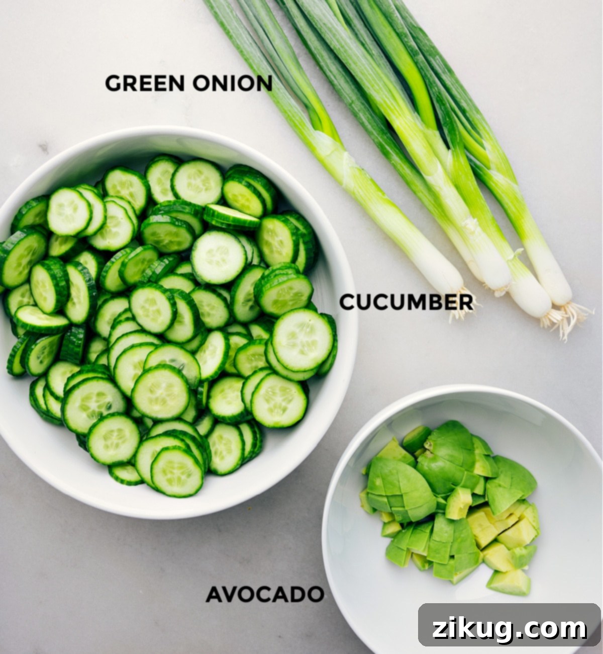 The 3-ingredients in this simple salad prepped out for easy assembly.
