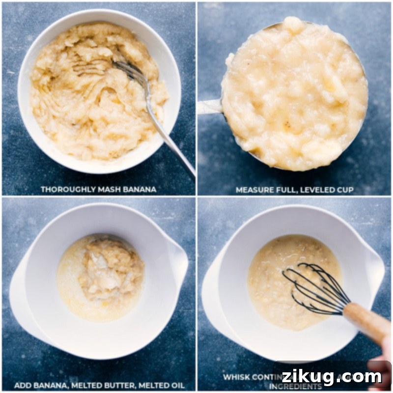 Process shots showing bananas being prepped and added to a bowl with melted butter and oil for Nutella Banana Bread.