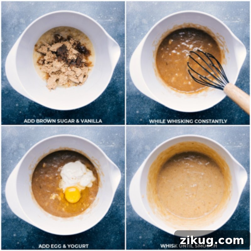 Process shots of Nutella banana bread showing brown sugar, vanilla, egg, and yogurt being whisked together.