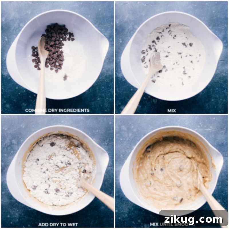Process shots showing dry and wet ingredients being combined for Nutella Banana Bread.