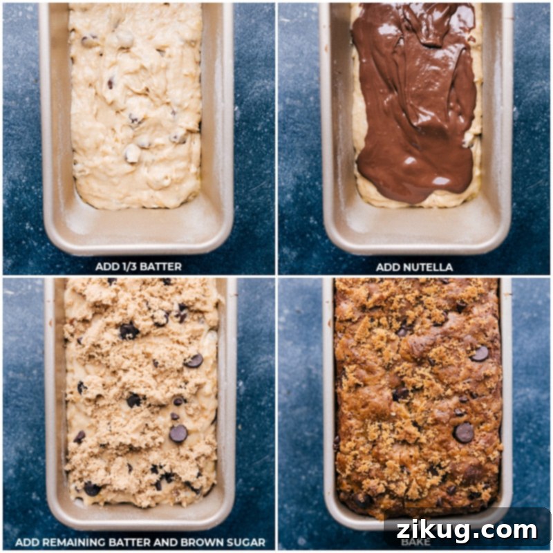 Process shots of nutella banana bread showing batter and Nutella being layered into the pan.