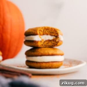 Finished Pumpkin Whoopie Pies with cream cheese frosting.