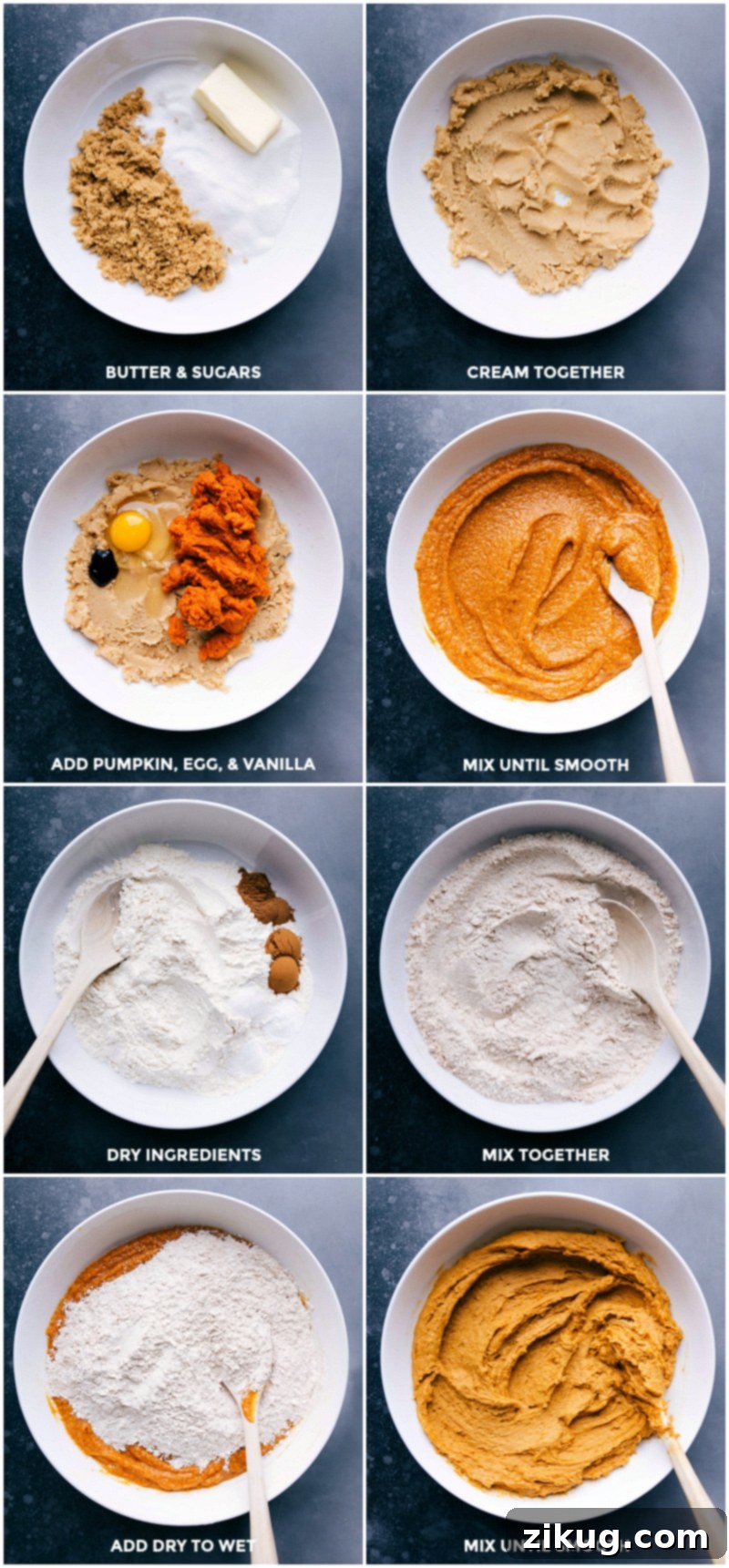 Mixing Pumpkin Cookie Dough - Combining Wet and Dry Ingredients Beating butter and sugars, adding egg and vanilla, mixing until smooth, and adding dry ingredients to the wet, mixing until smooth.
