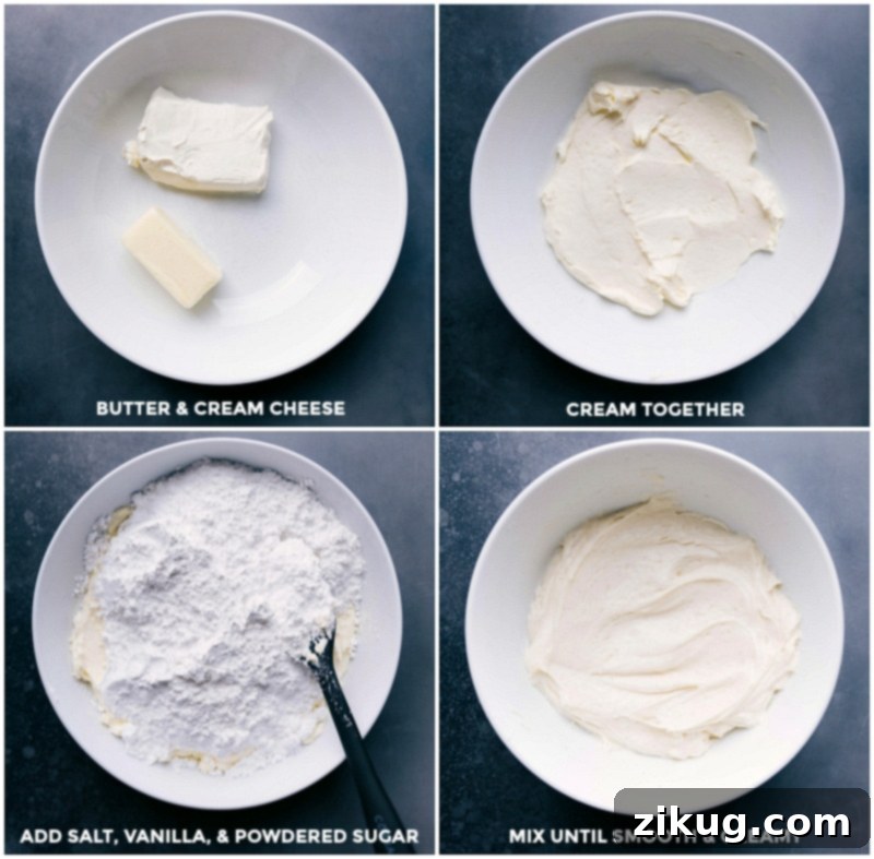 Preparing Cream Cheese Filling - Smooth and Delicious Making frosting by creaming butter and cream cheese, adding salt, vanilla, and powdered sugar, and mixing until smooth and creamy.
