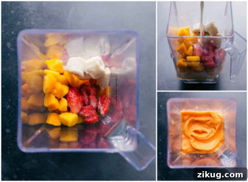 Blending all ingredients for a perfectly thick and creamy peach smoothie. Process shots: A blender being filled with frozen fruits, milk, and orange juice, then blending until smooth.