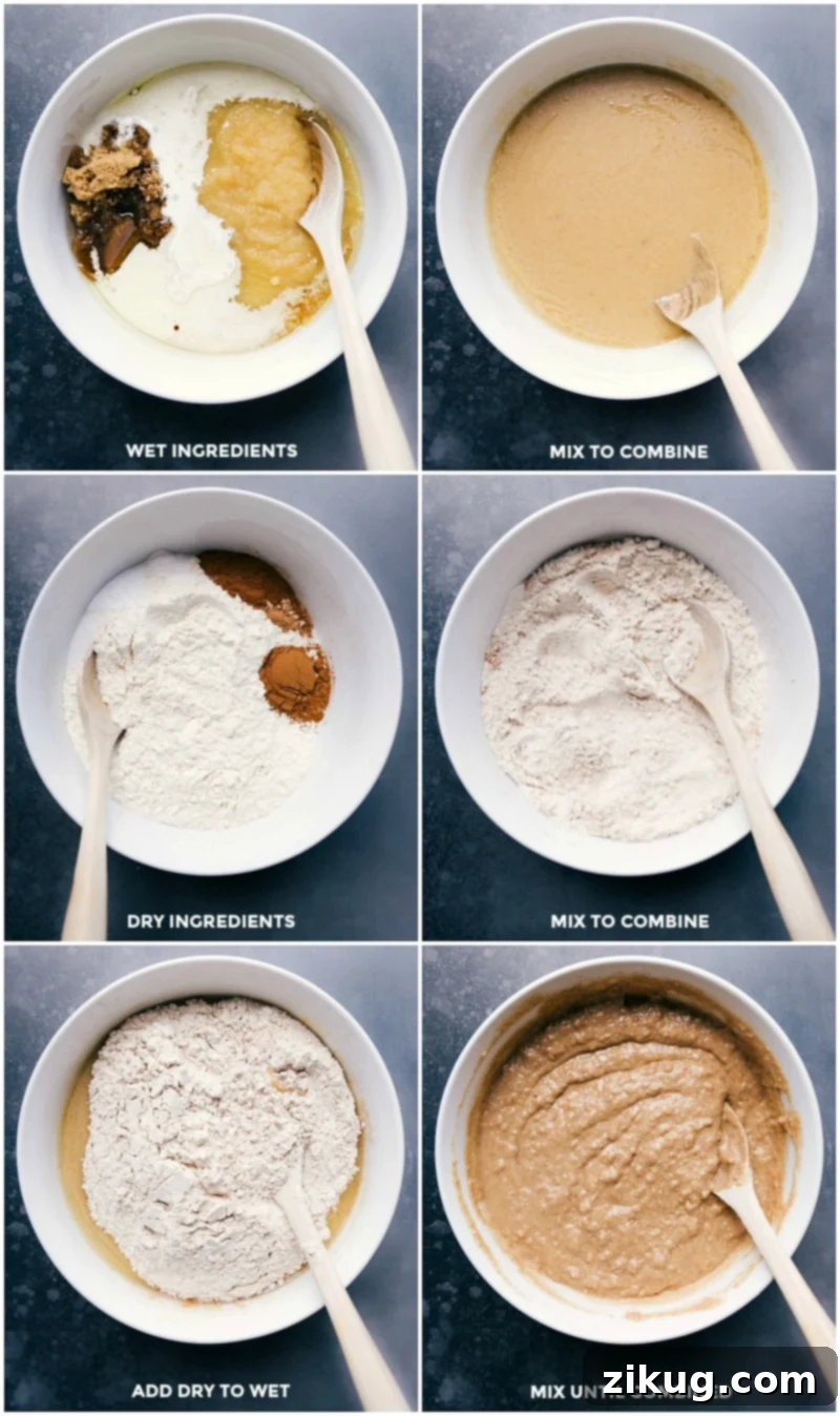 Crafting the Perfect Batter: Mixing Wet and Dry Ingredients for Apple Coffee Cake A step-by-step visual of preparing the Apple Coffee Cake batter: dry ingredients in one bowl, wet ingredients being whisked in another, and finally, the two mixtures being combined into a smooth, rich batter, showcasing the care in preparation.
