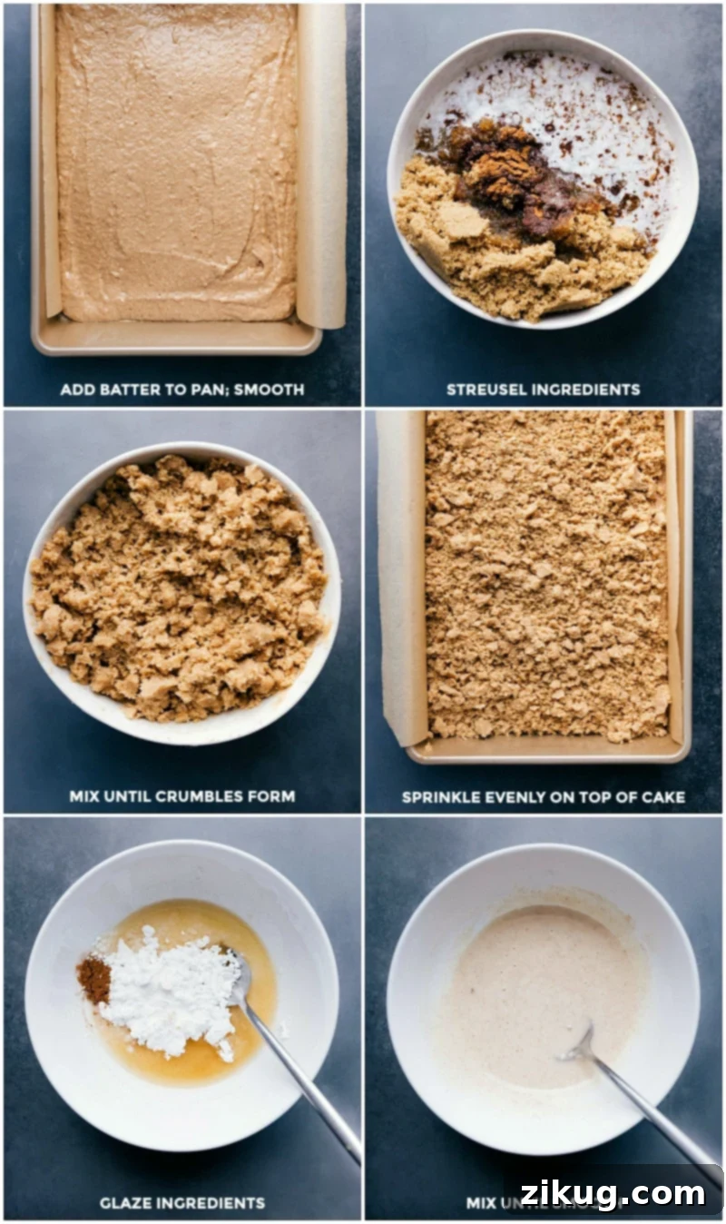 Apple Coffee Cake in the Making: Batter, Streusel, and Glaze Preparation Stages A visual guide to the baking process: prepared batter in a 9x13 inch pan, a bowl of streusel topping being gently sprinkled over the batter, and ingredients for the apple cider glaze being mixed in a separate bowl, illustrating each stage of preparation.