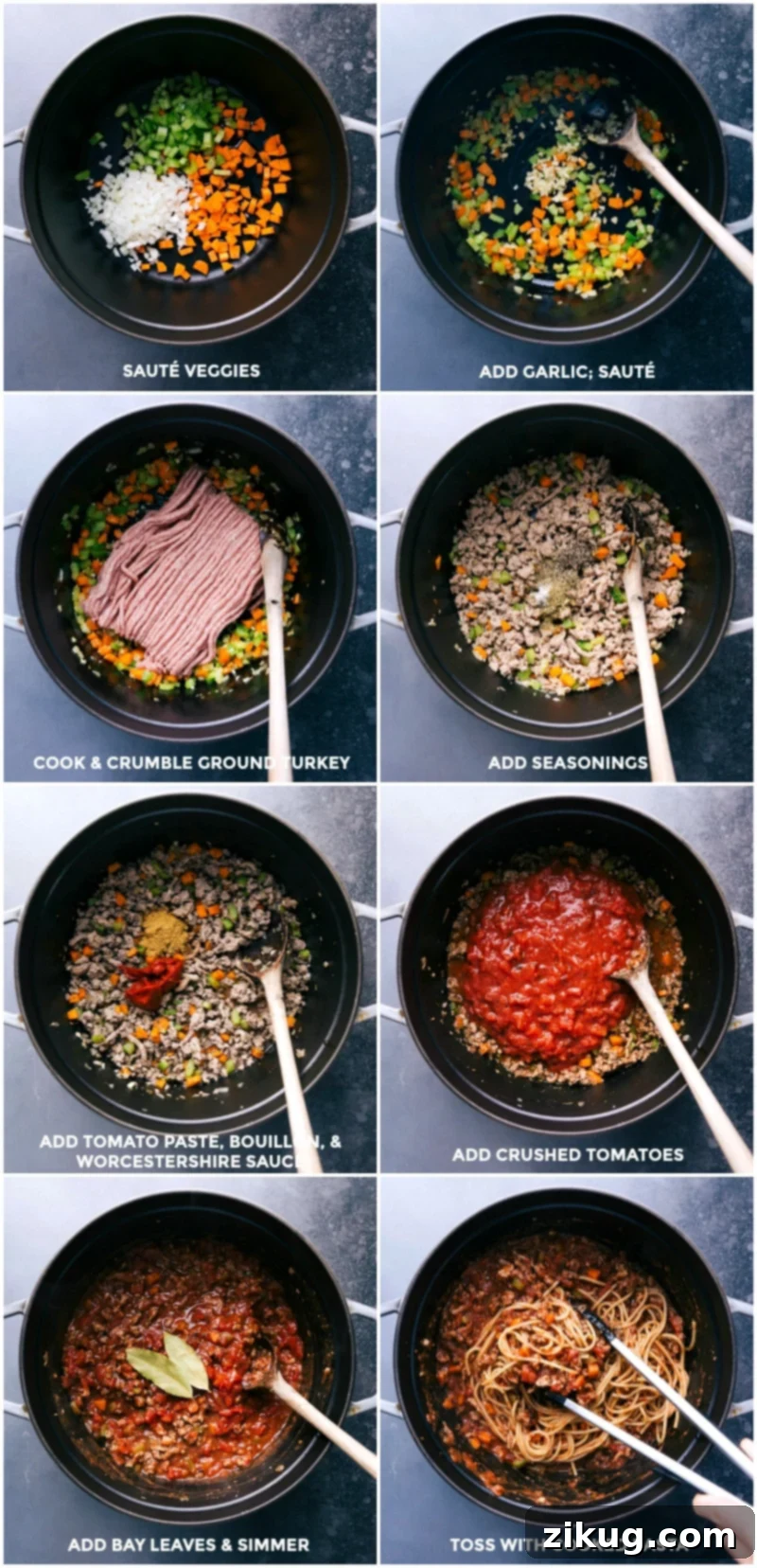 Preparing Turkey Bolognese Sauce: Sautéing Veggies, Adding Ingredients, and Simmering Preparing Turkey Bolognese Sauce: Sautéing Veggies, Adding Ingredients, and Simmering