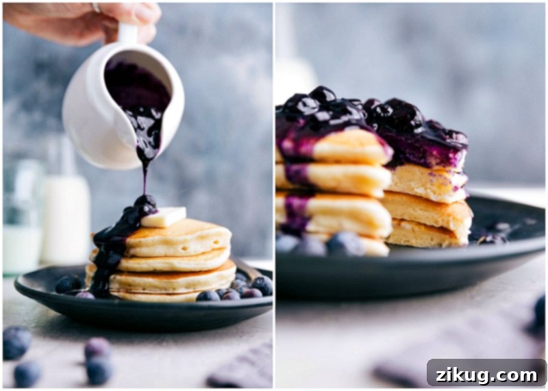 A delightful fusion of nutrition and taste in every bite! Homemade blueberry syrup being drizzled over a stack of warm Greek Yogurt Pancakes, highlighting their fluffy texture.