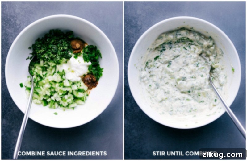 Preparing Raita - Creamy and Refreshing Herb Sauce Preparing the creamy and refreshing Raita sauce by thoroughly combining fresh ingredients in a bowl.