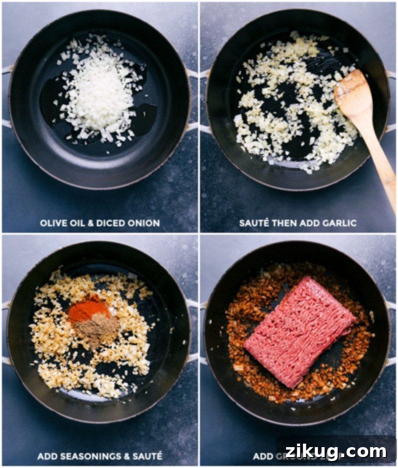 Sautéing Onion and Garlic for Flavorful Meat Filling Sautéing diced onion in olive oil, followed by garlic, various aromatic seasonings, and lean ground beef to create a savory, browned meat filling.