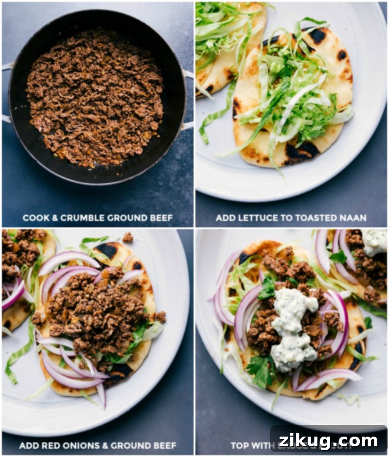 Assembling Ground Beef Naan Tacos for a Tasty Meal Step-by-step assembly of Ground Beef Naan Tacos, including browning beef, adding fresh lettuce, seasoned beef and onions, and a final drizzle of herb sauce.