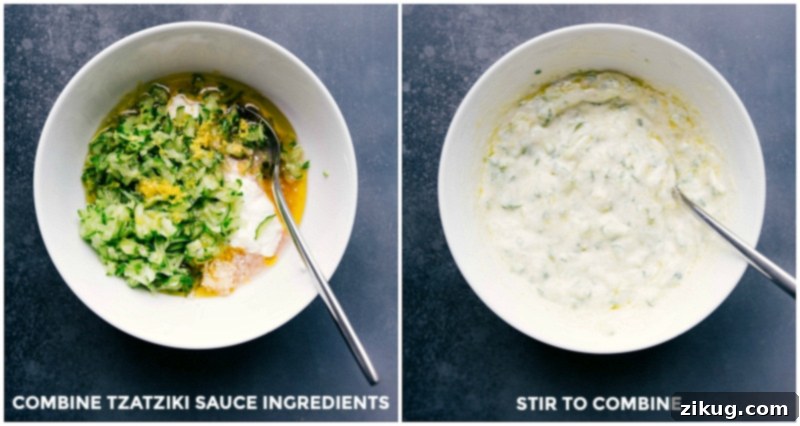 Ingredients for Tzatziki sauce, including yogurt, cucumber, garlic, and dill, before and after mixing, illustrating freshness.