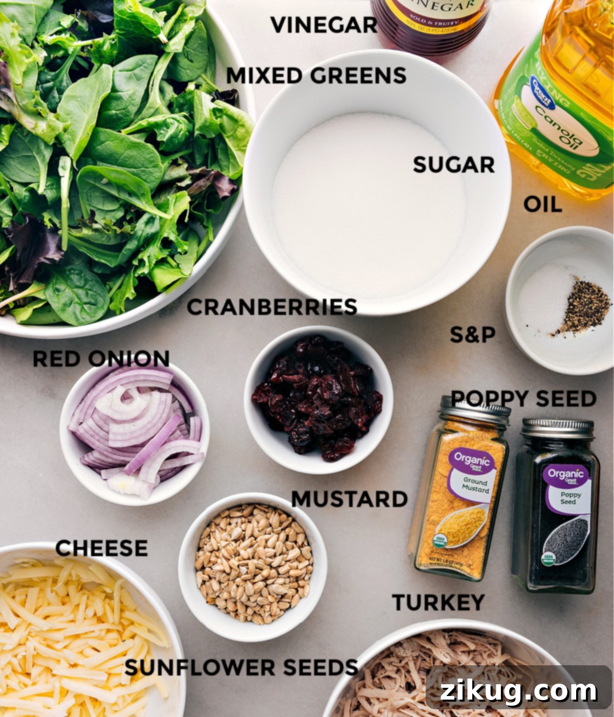 All the fresh ingredients and the homemade poppyseed dressing for the Turkey Cranberry Salad laid out on a kitchen counter.