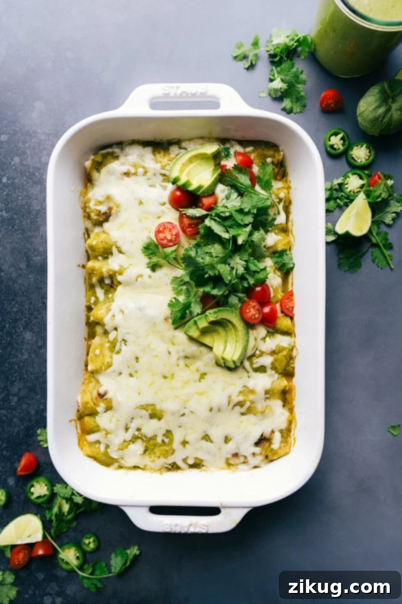 Green Chile Chicken Enchiladas - Fresh from the Oven with Herbs and Tomatoes Warm and flavor packed green chile chicken enchiladas in the pan, topped with fresh herbs and tomatoes.