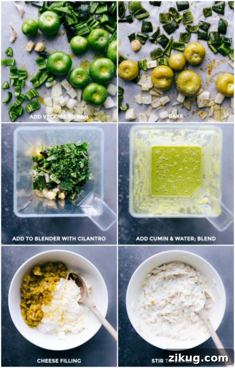 Preparing Green Chile Chicken Enchiladas: Baking Veggies, Blending with Cilantro, Mixing Cheese Filling Adding vegetables to a pan for baking, then blending them with cilantro, cumin, and water, alongside mixing cheese filling ingredients in another bowl.