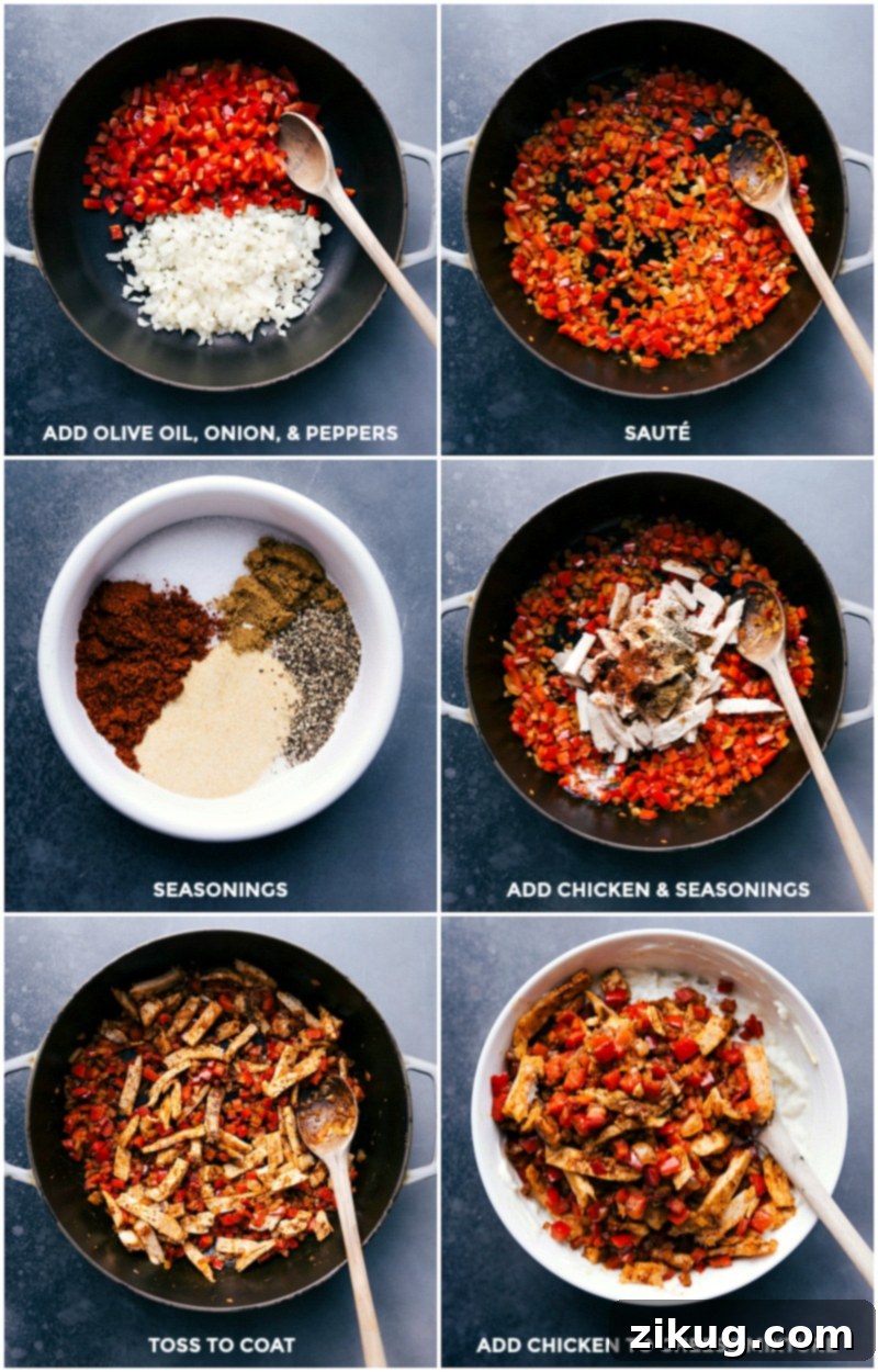 Creating Chicken Filling: Sautéing Onion, Peppers, Chicken, Seasonings, and Combining with Cheese Making chicken filling by sautéing onion and peppers in olive oil, adding chicken pieces and seasonings, tossing to coat, and then combining with cheese mixture.