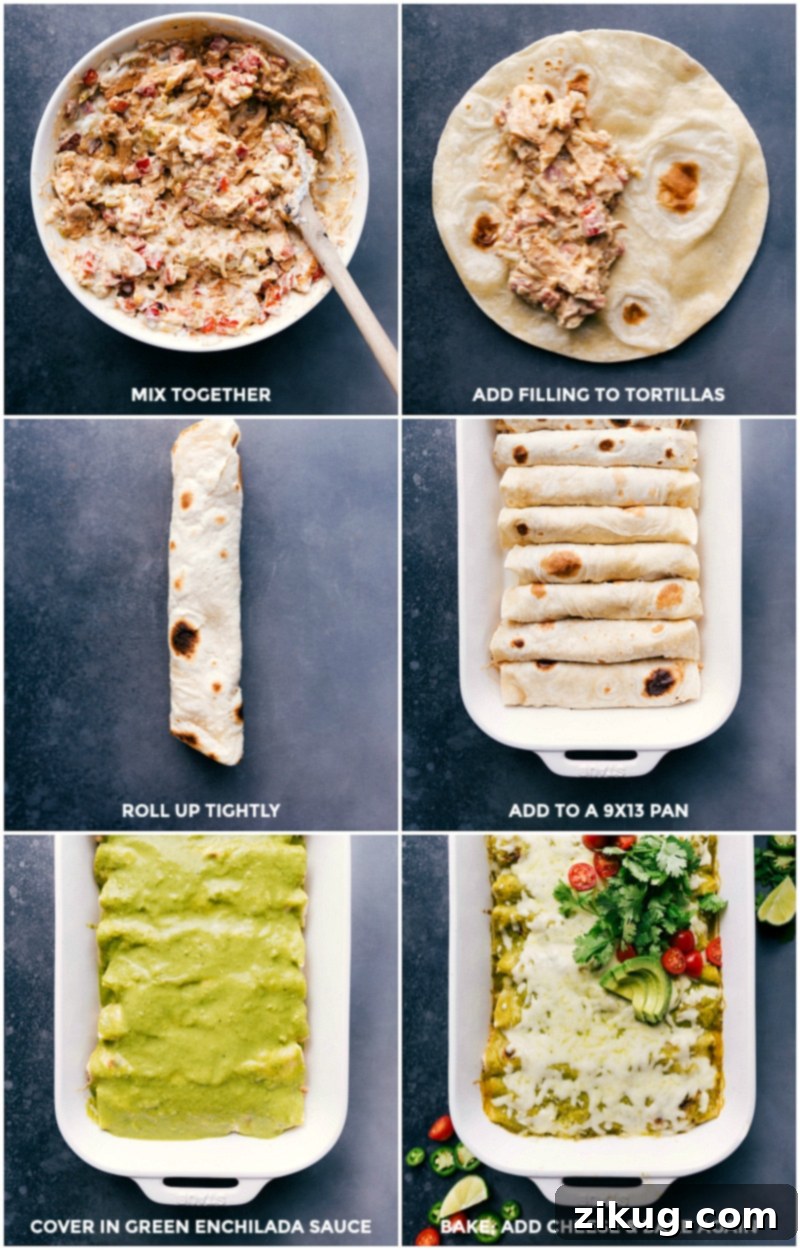 Assembling Green Chile Chicken Enchiladas: Filling, Rolling Tortillas, Baking with Sauce and Cheese Mixing together filling ingredients, spreading onto tortillas, rolling them up to fill a baking pan, covering with green enchilada sauce, baking, then adding cheese and continuing to bake until the green chile chicken enchiladas are perfectly done.