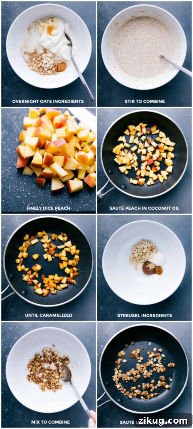 Making Peach Overnight Oats: Mixing Ingredients, Caramelizing Peaches, Preparing Streusel A visual guide to preparing Peach Cobbler Overnight Oats: showing the mixing of oat ingredients, the caramelization of fresh peaches in a skillet, and the preparation of the streusel topping.