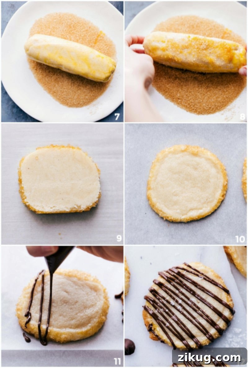 From Sugar Roll to Chocolate Drizzle: Crafting Perfect Shortbread Cookies Rolling cookie dough in sugar, baking to perfection, and finishing with a chocolate drizzle.
