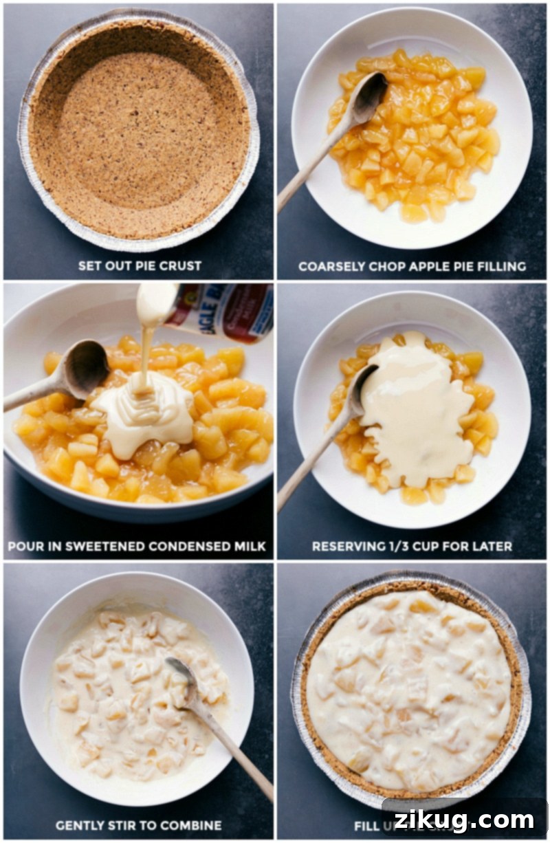 Process images showing how to prepare the Apple Streusel Pie: setting out the crust, coarsely chopping apple pie filling, pouring in sweetened condensed milk, stirring the filling, and pouring it into the pie crust.