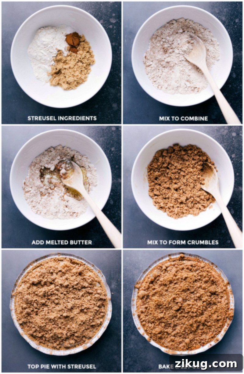 Process shots demonstrating how to create the streusel topping: combining ingredients, topping the pie generously with streusel, and the finished baked pie cooling on a wire rack.