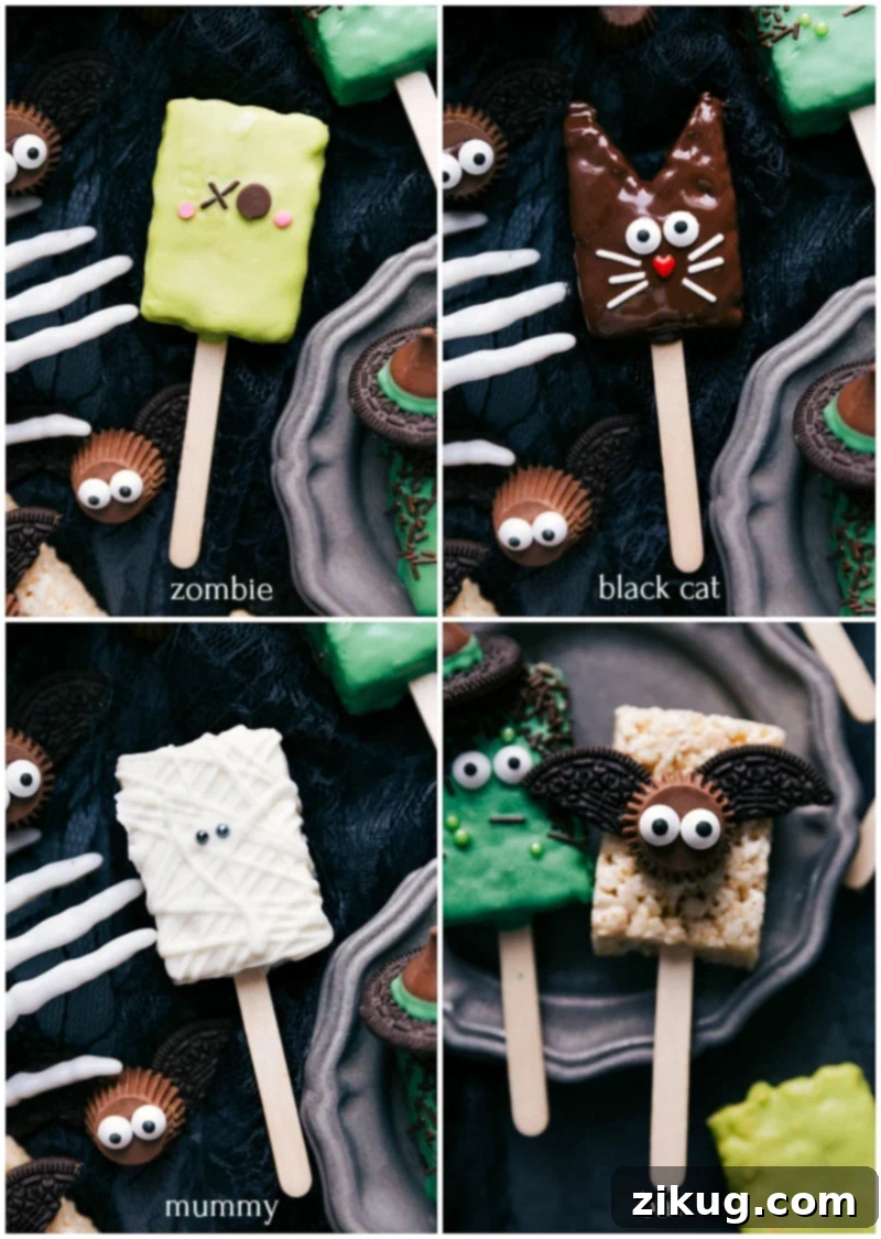 Monster Munch Krispie Treats 3 Rice krispie Halloween treats on sticks shaped like a zombie, black cat, mummy, and bat, ready for a party.