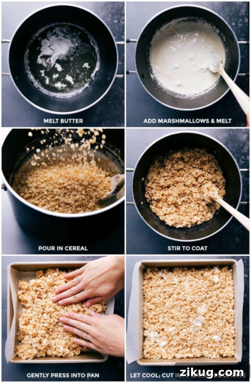 Cooking Process for Delicious Marshmallow Cereal Bars A step-by-step image of melting butter, adding marshmallows, stirring in cereal, and pressing the mixture into a pan – the foundation for these delicious Halloween treats.