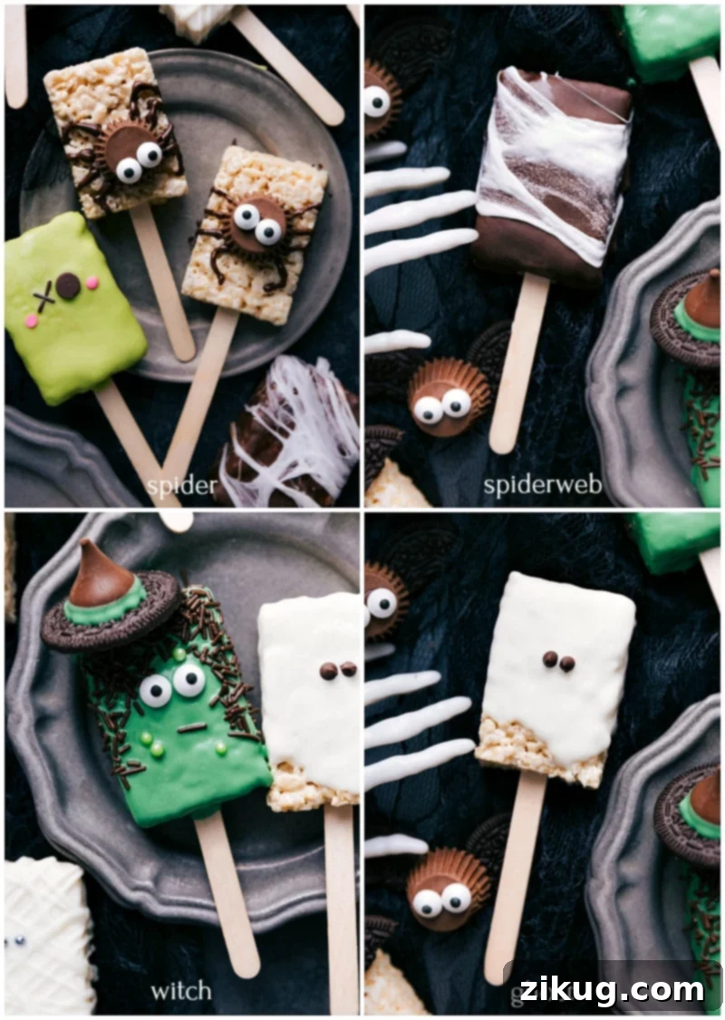 Halloween Rice Krispie Treats Recipe - Spooky Spider, Witch, Ghost, and Web Treats The completed Halloween Rice Krispie treats recipe featuring creatively decorated spider, spiderweb, witch, and ghost treats.