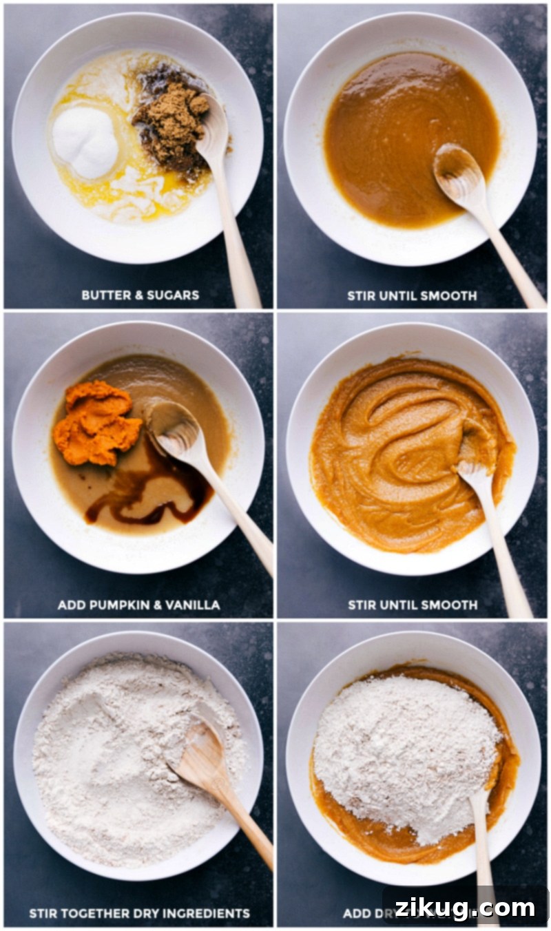 A close-up shot of a mixing bowl where wet ingredients are being combined, with dry ingredients layered on top, illustrating a key step in the cookie preparation process.