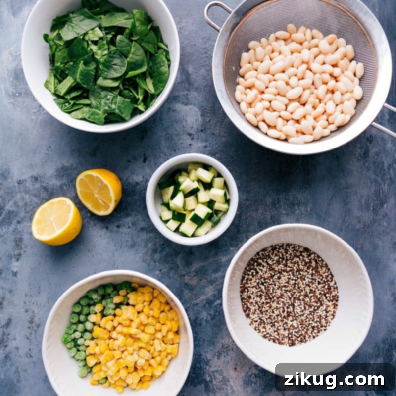 Components for the healthy minestrone soup recipe: individual bowls with prepped vegetables, beans, quinoa, and herbs, arranged on a rustic wooden surface.