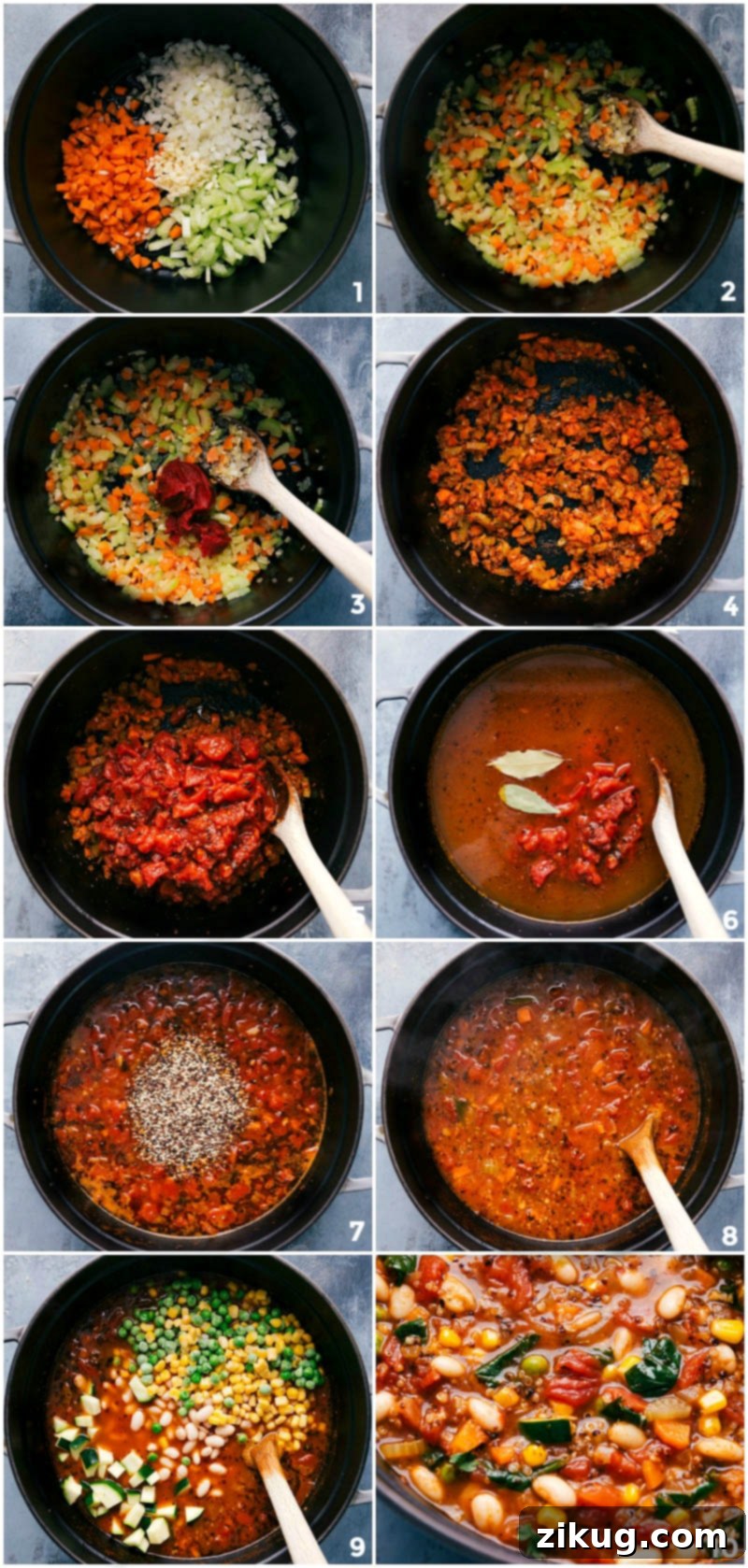 A visual step-by-step collage of making minestrone soup, showing vegetables sautéing, broth simmering, and the final hearty soup in a pot.