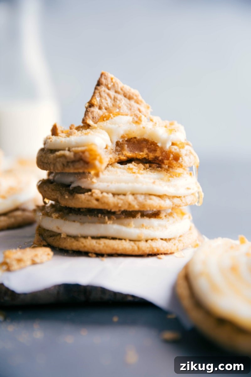 Several frosted honey graham cookies stacked up, topped with graham cracker crumbs, with a bite taken from the top cookie, revealing the soft interior.