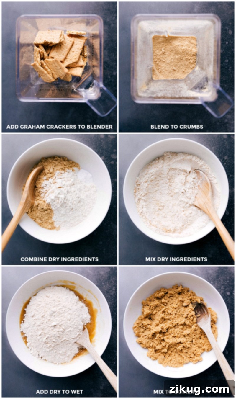 Blending graham crackers into fine crumbs, adding to dry ingredients and combining, then mixing dry ingredients with wet ingredients until fully combined.