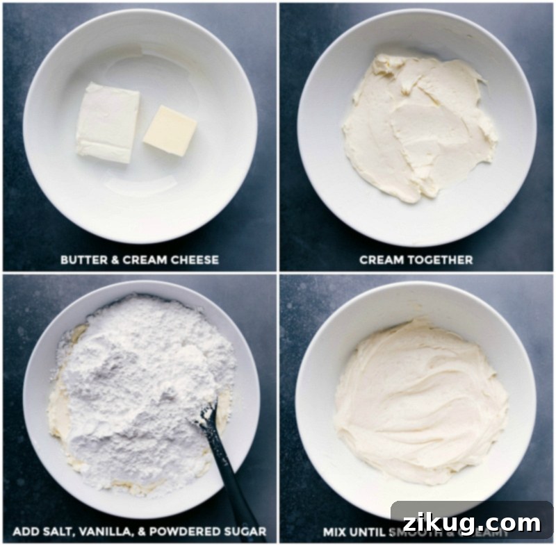 Making cream cheese frosting by creaming together room-temperature butter and cream cheese, adding salt, vanilla, and powdered sugar, and mixing until smooth and creamy.