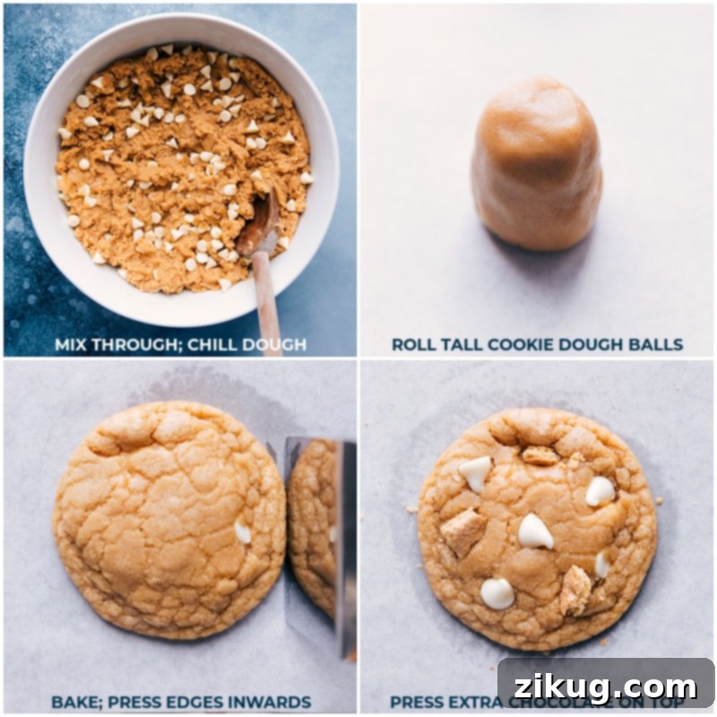 Our favorite Graham Cracker Cookies are buttery, sweet, soft, chewy, and studded with white chocolate chips and crushed up graham crackers. Recipe via ChelseasMessyApron #dessert #best #quick #easy #simple #yummy #treat #chocolatechips #whitechocolate #grahamcracker #cookies A series of process shots depicting the final stages of baking Graham Cracker Cookies: chilling the dough, rolling into balls, baking and pressing the edges, then adding extra white chocolate and graham cracker pieces for garnish.